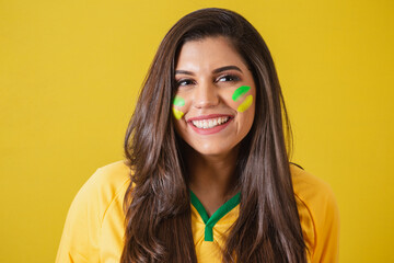 Close-up photo of Woman supporter of Brazil, world cup 2022, soccer championship, smiling.
