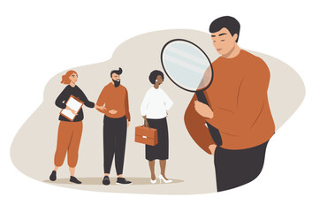 vector illustration in a flat style on the theme of hr, employee recruiting. a man looks through a magnifying glass of applicants for a vacancy