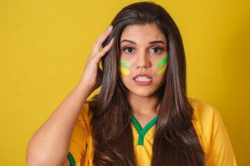 Close-up photo, Woman supporter of Brazil, world cup 2022, football championship, distressed,...
