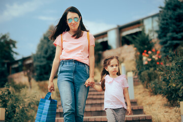Mother and Daughter Going Shopping Enjoying Summer Vacation