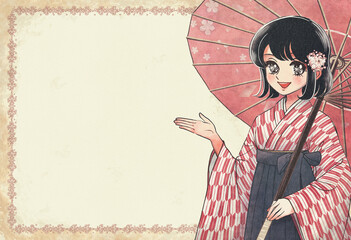 レトロ漫画風・和傘が素敵な明治少女のアイキャッチ - obrazy, fototapety, plakaty