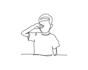 One continuous line a little boy crying. Minimalist style vector illustration in white background.