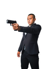 Portrait of a pottrade, a gunman wearing a black suit and holding a pistol isolated included with clipping path.