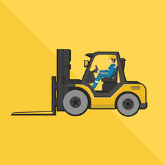 Vector or Illustrator icon. Driving man in safety suite drive folklift yellow color.  Frame square with isolated two tone yellow color.