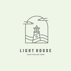 sea wave light house logo line art minimalist design vector sky water