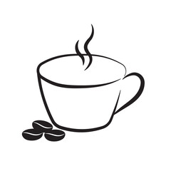 Hand Drawn Cup of Coffee with Coffee Beans in Black Line Icon Clipart Vector for International Coffee Day