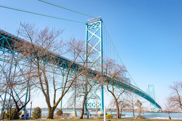 Ambassador suspension bridge at the Detroit Michigan and Canada border on a winter day