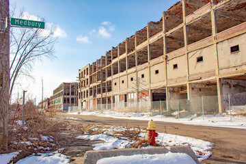 Old abandoned Packard factory manufacturing plant building in Detroit Michigan on a cold winter...