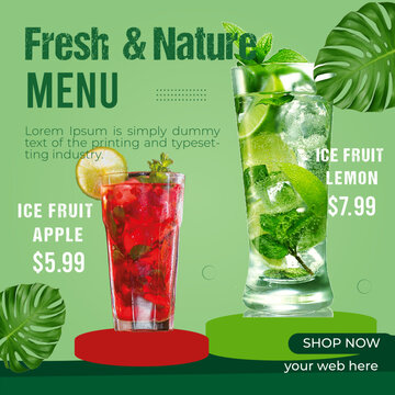 Ice Lemon Or Fresh And Nature Menu Fruit Drink Social Media Post Banner Design template
