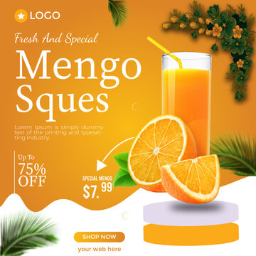 Fresh Mango Squash Fruit Drink Social Media Post Banner Design template
