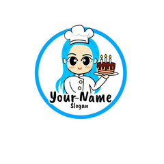 vector bakery chef girl with cake in chef suit logo illustration
