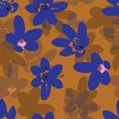 seamless plants pattern background with mixed blue flowers , greeting card or fabric