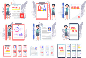 様々な書類と事務員女性のセット