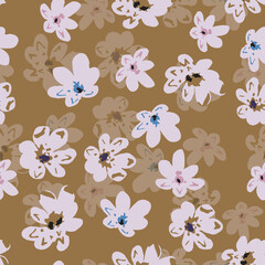 seamless plants pattern on brown background with mixed tiny flowers , greeting card or fabric
