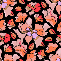 Vector floral seamless pattern. Stylized abstract flowers on a black background. 