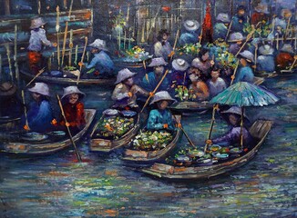 Fototapeta na wymiar Art painting Oil color Floating market Thailand 