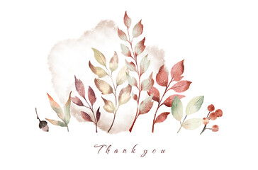 Watercolor hand drawn autumn card design with illustration of colorful leaves of season trees, leaf fall, red berries, acorns, watercolor splash. Elements isolated on white background.