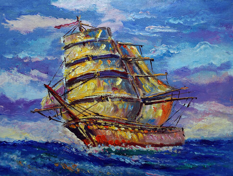 Art painting oil color sailboat ,  barque lucky  ,  feng shui ,  prosperous , auspicious