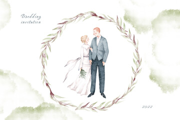 Watercolor composition illustration of wedding couple, splash, branches, wreath on white background. Bride, groom, boho rustic style. Bride holding groom's hand. For vintage card postcard, invitation