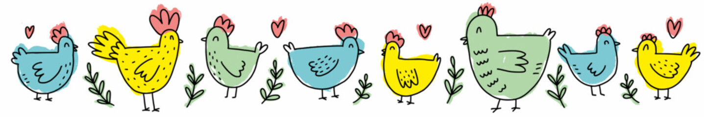 A hand-drawn set of cute chickens. Vector illustration of poultry drawn in the style of doodles. © Abundzu