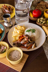 Lomo saltado sauted meat french fries gourmet comfort restaurant food