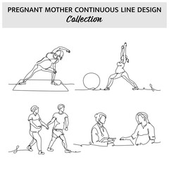 Set of activities for pregnant women one continuous line. Vector illustration of minimalist style on a white background.