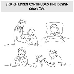Set of sick child one continuous line. Vector illustration of minimalist style on a white background.
