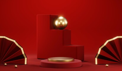 3D rendering of blank product background for cream cosmetics Modern red podium background