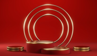 Obraz premium 3D rendering of blank product background for cream cosmetics Modern red podium background