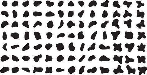 Fototapeta na wymiar Random shapes. Black blobs, round abstract organic shape collection. Pebble, drops and stone silhouettes. Blotch, inkblot texture vector set. Rounded spot or speck of irregular form