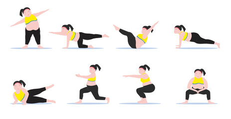 Set of cartoon Fat women cardio exercises and fitness training. Concept for weight loss of fat burning.