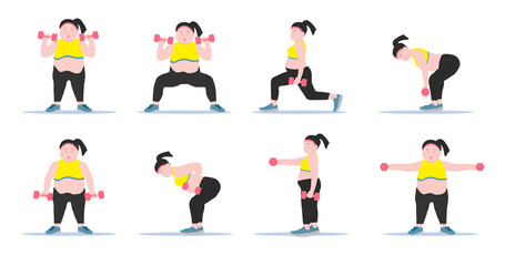 Set of cartoon Fat women work out with dumbbell and fitness training. Concept for weight loss of fat burning.