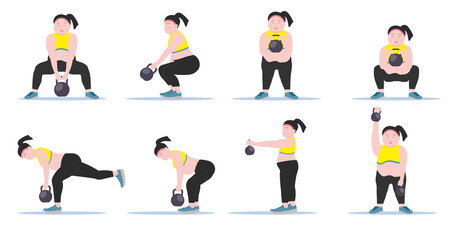 Set of cartoon Fat women work out with kettlebell and fitness training. Concept for weight loss of fat burning.