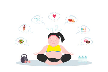 A happy girl in the lotus position and symbols of physical and mental health habits. Woman on a diet dreams of healthy lifestyle and bad habits. The concept of proper nutrition.