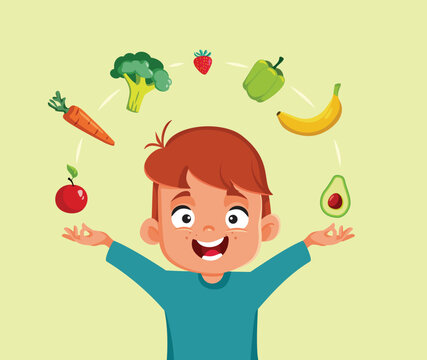 Cheerful Little Boy Enjoying Healthy Foods Vector Cartoon. Happy child searching for organic ingredients for balanced meals
