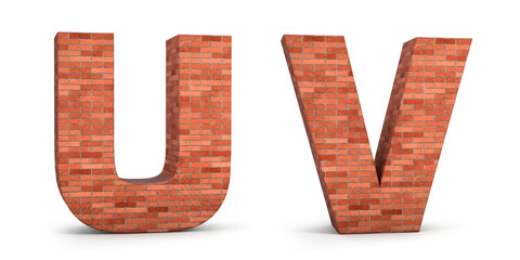Realistic 3d brick alphabet U & V isolated on white background. 3d illustration.