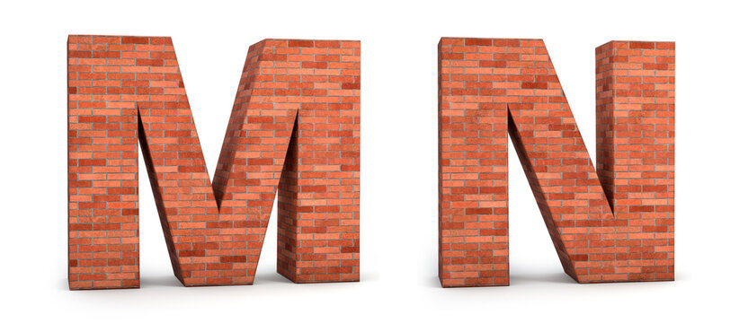 Realistic 3d brick alphabet M & N isolated on white background. 3d illustration.