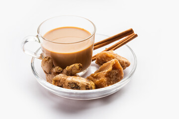 Jaggery tea or Gur ki chai with ingredients like gud, ginger or adrak, green cardamom and cinnamon