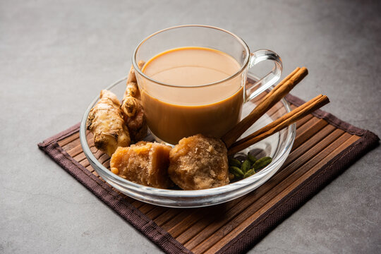 Jaggery tea or Gur ki chai with ingredients like gud, ginger or adrak, green cardamom and cinnamon