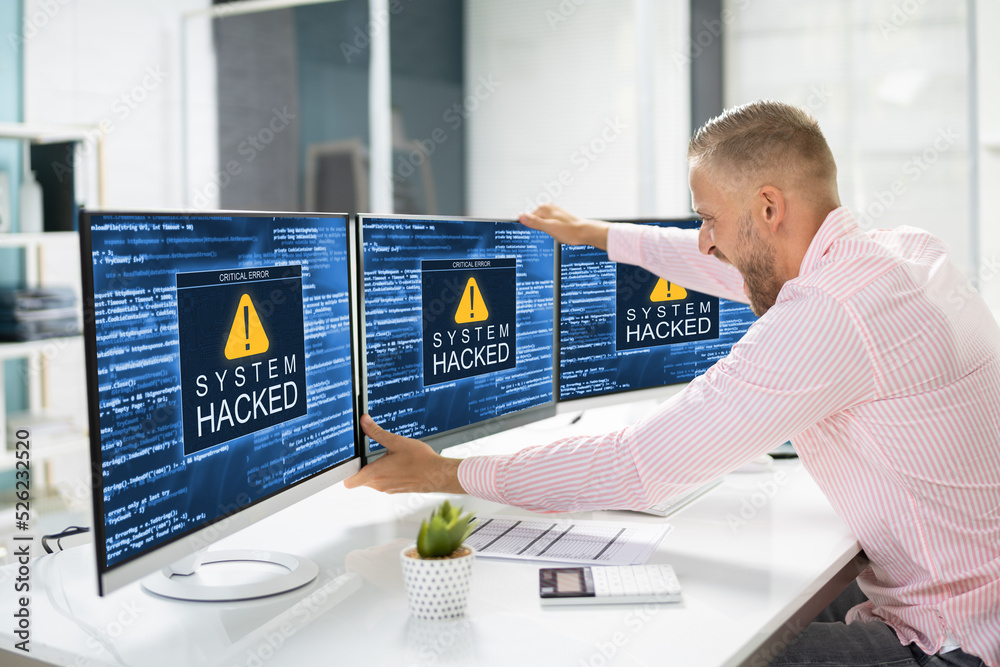 Poster ransomware malware attack. business computer hacked