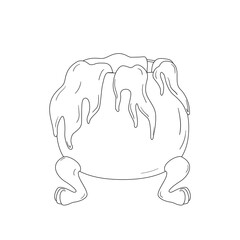 Cartoon witch cauldron with magic broth for Halloween on the animal paws, isolated. Black and white vector illustration for coloring book, doodle style, clip art.