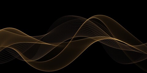 Abstract golden flowing wave banner on black background
