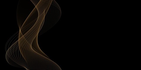 Abstract golden flowing wave banner on black background
