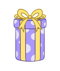 Round gift box with polka dots and bow cartoon. Christmas or birthday present illustration.