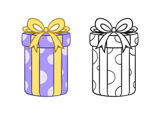 Round gift box with polka dots and bow cartoon clipart. Christmas or birthday present illustration. Colored and outline set. Coloring book page printable activity worksheet for kids.