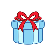 Round gift box with bow cartoon. Christmas or birthday present illustration.