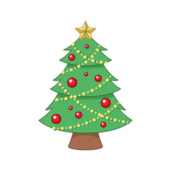 Christmas tree with fairy lights, ornaments and golden star cartoon illustration