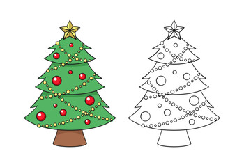 Christmas tree with fairy lights, ornaments and golden star cartoon illustration. Colored and outline set. Coloring book page printable activity worksheet for kids.