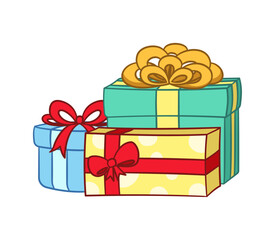 Gift boxes with bow cartoon clipart. Christmas or birthday present illustration.