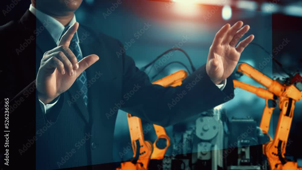 Poster engineer use cybernated robotic software to control industry robot arm in factory . automation manuf